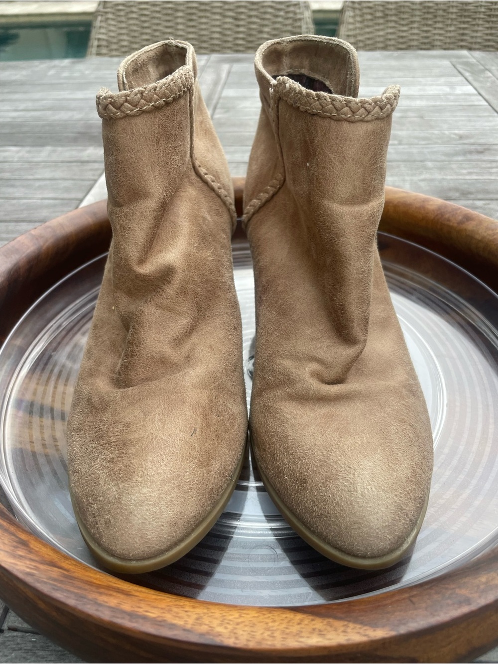 Report Taupe Suede Braided-Trim Ankle Booties